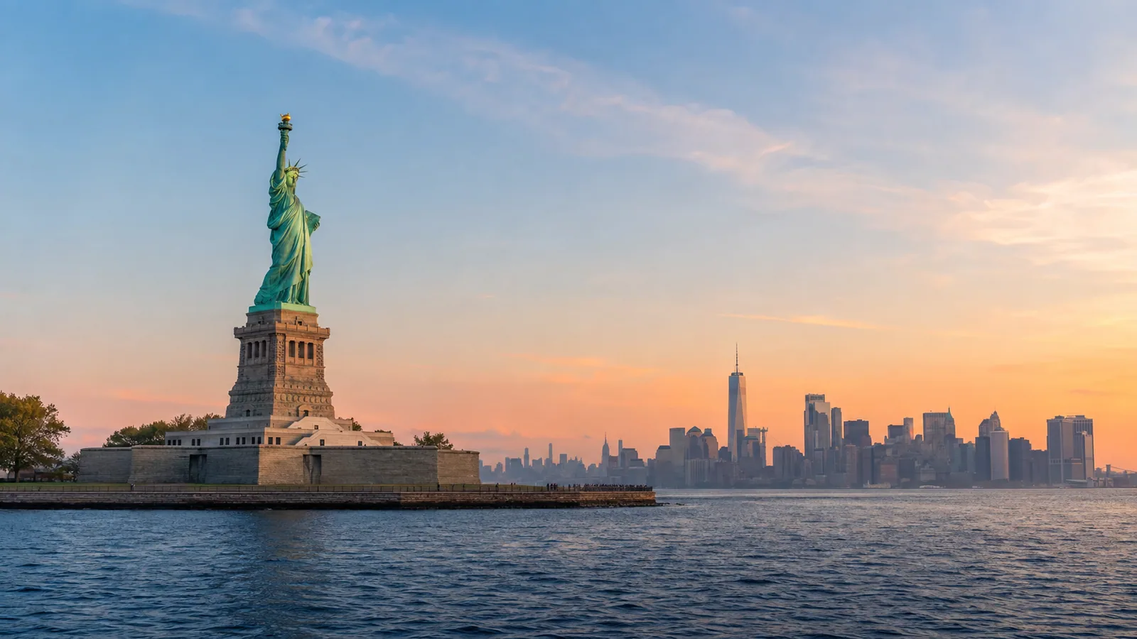 New York Harbor and the Statue of Liberty at dawn — original illustration